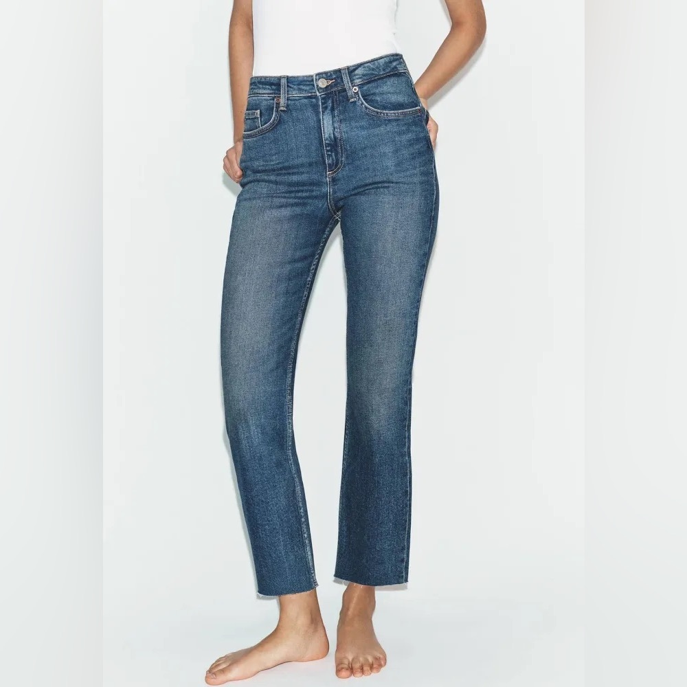 Zara TRF Cropped Mini Flare High Waist Jeans - Blue Jean